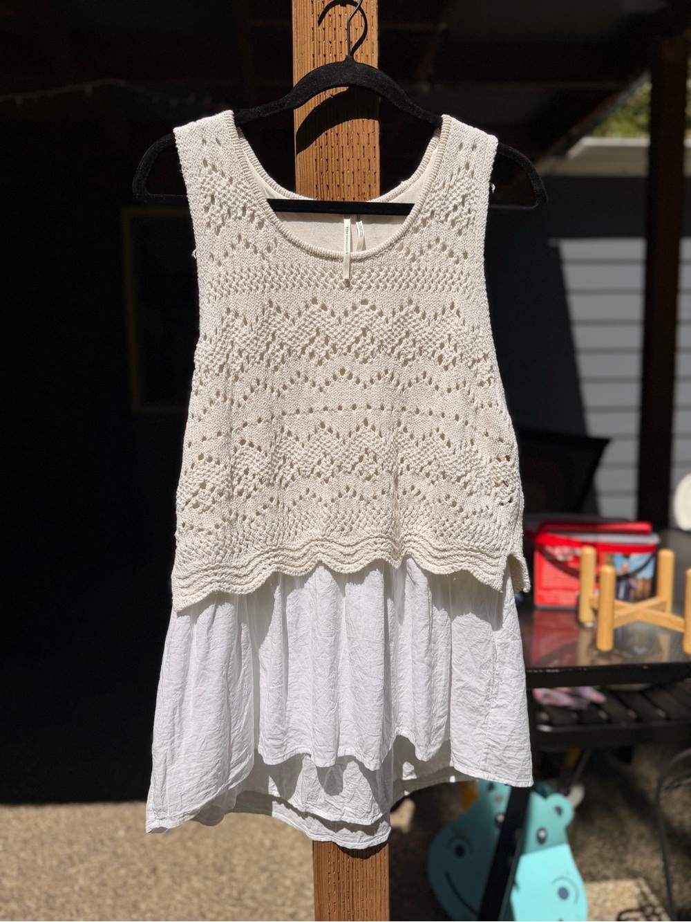Anthropologie Cream Knit Overlay White Gauze Tank